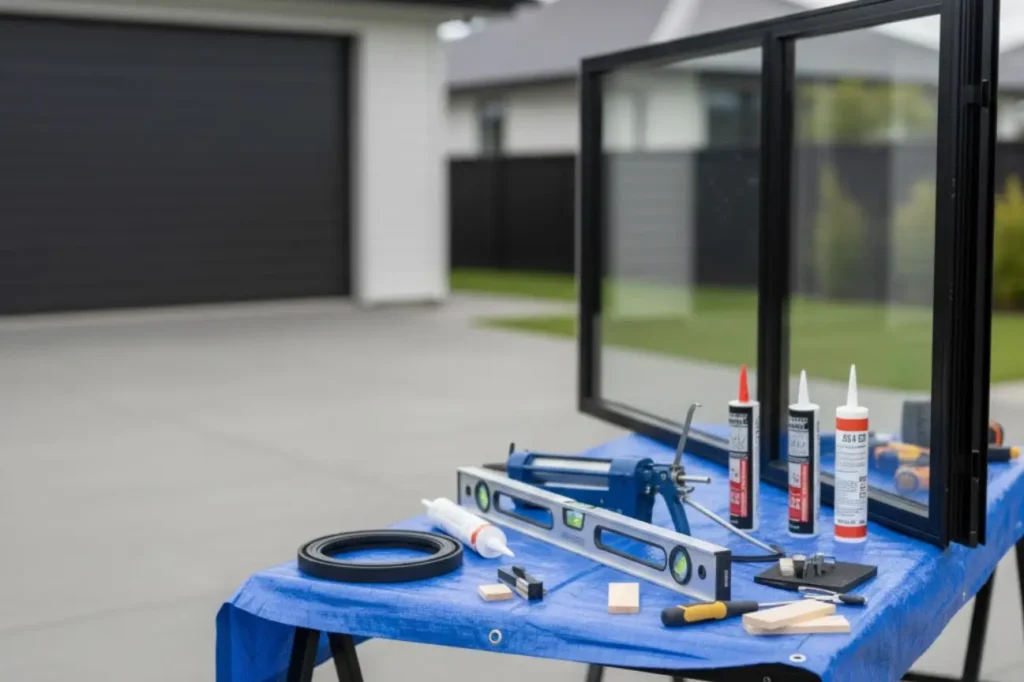 Double Glazing Cambridge installation tools and materials prepared for professional window fitting and precision work.