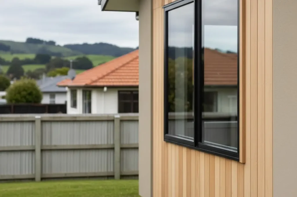 Double Glazing Waikato exterior window installation featuring modern aluminium frames designed for durability insulation and visual appeal.