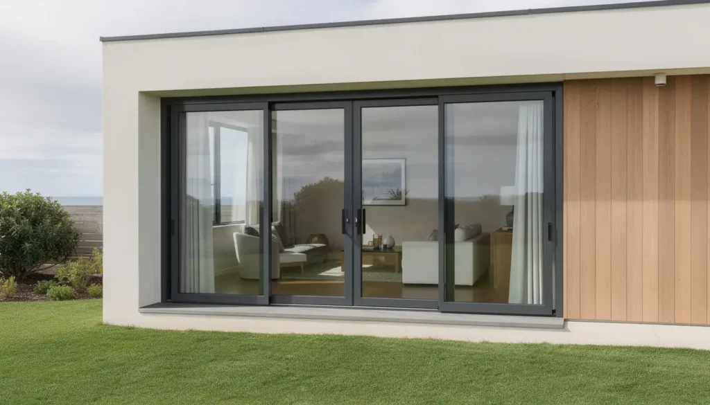 Modern aluminium sliding doors with slim thermally broken frames in a contemporary New Zealand home