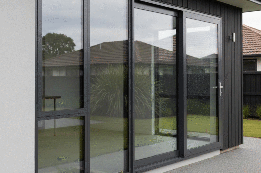 Modern sliding glass doors installed on a contemporary home showcasing Windows and Doors Hamilton by Double Glazing Hamilton.