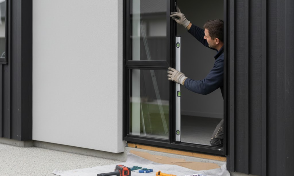 Professional installer fitting a glass door with precision as part of Windows and Doors Hamilton services by Double Glazing Hamilton.